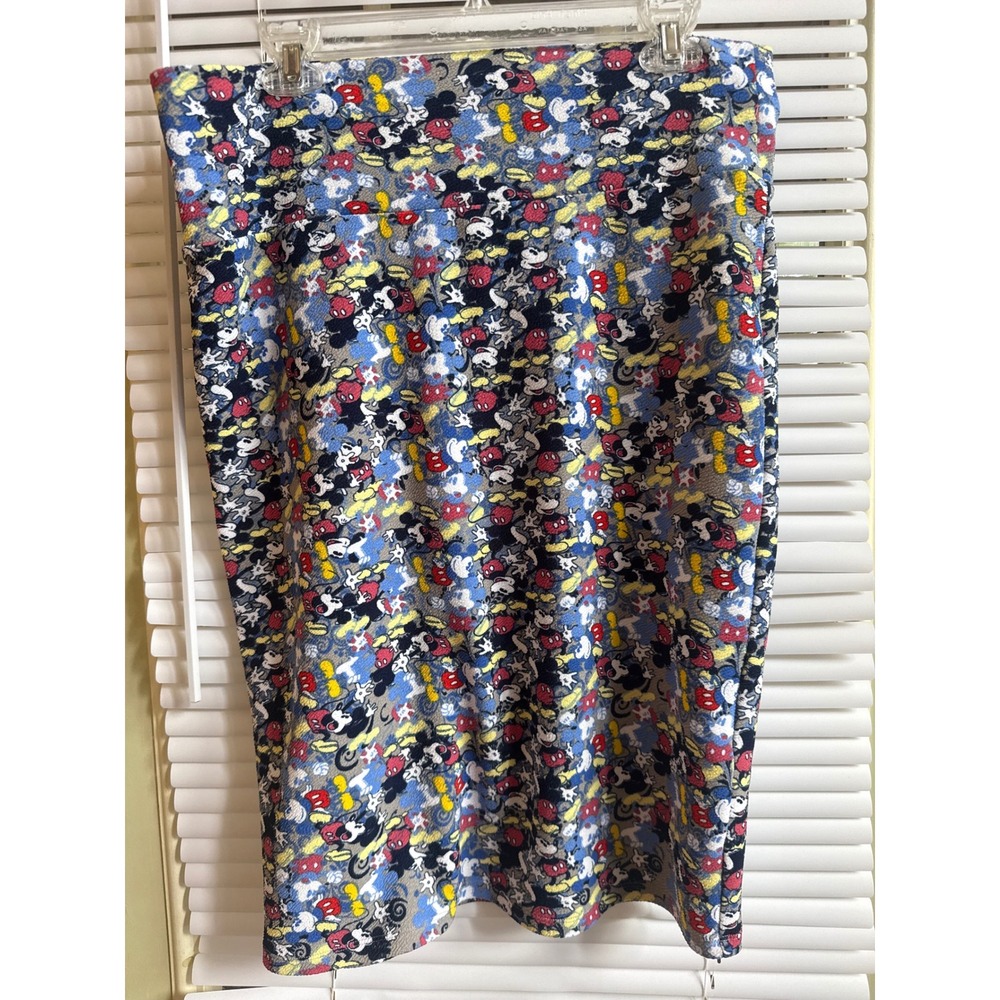 LuLaRoe Cassie Skirt XL Disney Mickey Mouse Print Pencil Stretch Knit Blue Multi